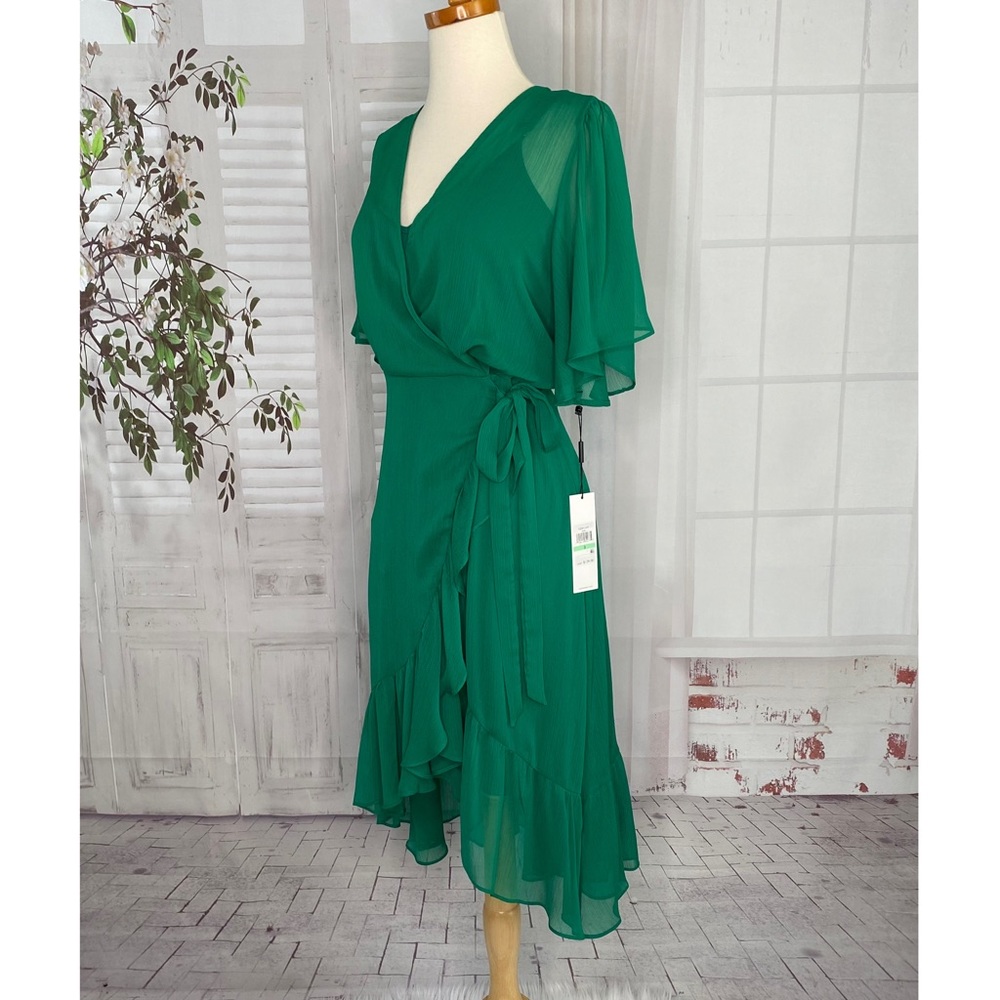 New Calvin Klein Dress 8 Chiffon Flutter Sleeve Green High-low Ruffle Faux Wrap